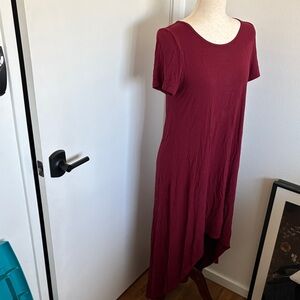 Asymmetrical Short-Sleeve Dress in Wine